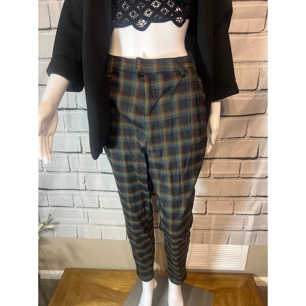 Hot Topic Rainbow Plaid Ankle Pants Black Tapered Trousers Small